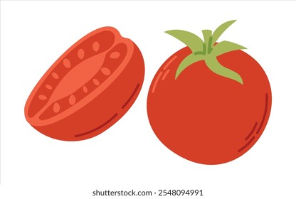 Ilustração plana isolada por vetor de dois tomates, um inteiro com um caule verde e uma metade cortada revelando suas sementes suculentas.