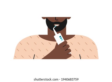 Vector isolated flat illustration. Young African American man cleans teeth by oral water pick (irrigator). Daily dental routine to prevent caries, remove tartar, have white teeth. Cropped portrait