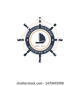 Vector isolated flat label of steering wheel with hanging rope, ship at the center on the white background.