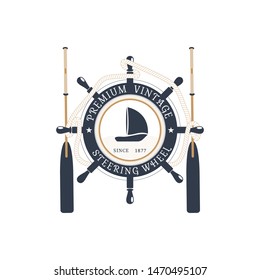 Vector isolated flat label of steering wheel with hanging rope, oars and ship at the center on the white background.