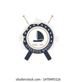 Vector isolated flat label of steering wheel with crossed oars, hanging rope and ship at the center on the white background.