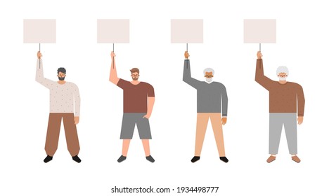 Vector isolated flat set with picket and strike of Caucasian guys holding posters with copy space for text. Young, adult and senior men fight for human rights, justice. Work stoppage and protest