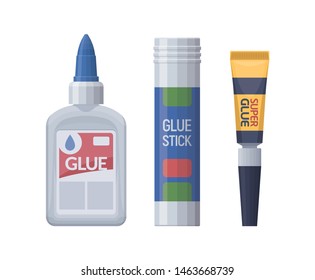 Vector Isolated Flat Stationery Glue Set. Glue Stick PVA Glue Super Glue