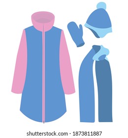 vector, isolated, flat style hat, scarf, mitten, coat