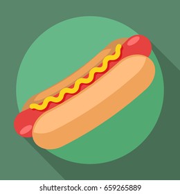 Vector isolated flat style icon of a hot dog with mustard. Fast food concept
