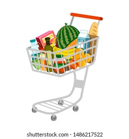 Vector isolated flat style illustration of a shopping cart full of healthy food and drinks