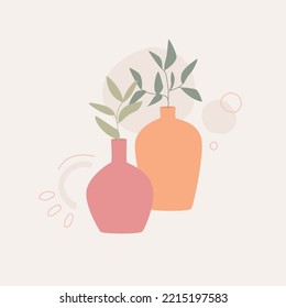 Vector isolated flat style illustration. Leaves in ceramic vases. For cards, banners, social media, flyers etc.