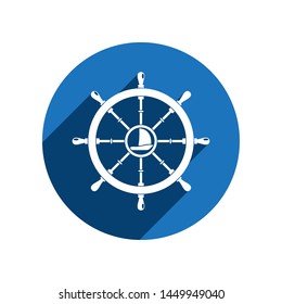 Vector isolated flat white icon of steering wheel with ship in the center on the blue circle background with long shadow.