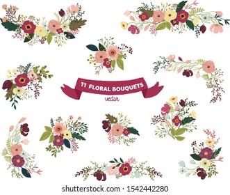 Vector isolated floral bouquet collection set - colorful illustrations, for wedding invitations, greetings, wallpapers, fashion, background.