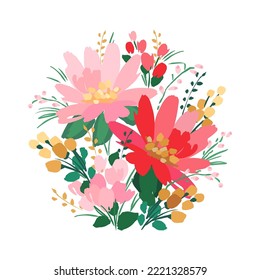 Vector isolated floral design with cute flowers. Template for card, poster, flyer, t-shirt, home decor and other use.