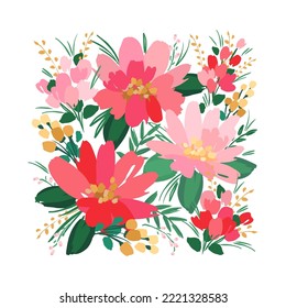 Vector isolated floral design with cute flowers. Template for card, poster, flyer, t-shirt, home decor and other use.