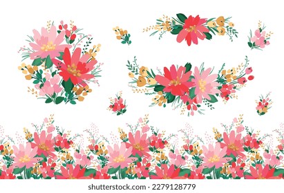 Vector isolated floral designs with cute flowers. Templates for card, poster, flyer, t-shirt, home decor and other use.