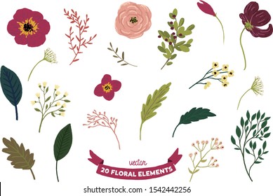 Vector isolated floral illustration set. Flowers, leaves, branches elements collection - perfect for bouquets, wreaths, arrangements, wedding invitations, anniversary, birthday.