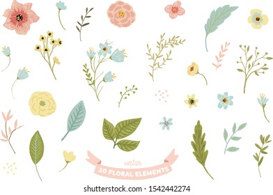 Vector isolated floral illustration set. Flowers, leaves, branches elements collection - perfect for bouquets, wreaths, arrangements, wedding invitations, anniversary, birthday.