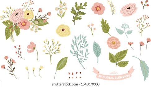 Vector isolated floral illustration set. Bouquet, flowers, leaves, branches, elements collection - perfect for bouquets, wreaths, arrangements, wedding invitations, anniversary, birthday.