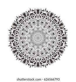 Vector isolated floral mandala on white background. Round ornamental rangoli mandala for decoration. Ethnic element for yoga logo, arabian or indian ornament for coloring.