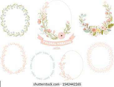 Vector isolated floral wreath collection set - colorful illustrations, for wedding invitations, greetings, wallpapers, fashion, background.