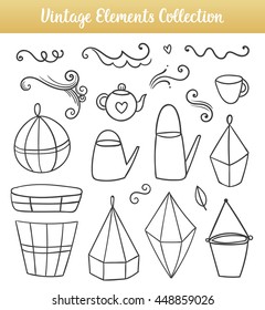 Vector isolated flower pots, watering cans, mug and page decorations in sketch style. Black isolated elements.