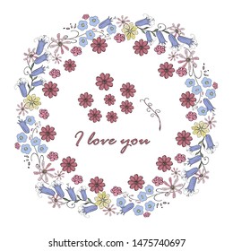 vector isolated flower wreath and bouquet isolated on white background, inscription "I love you"