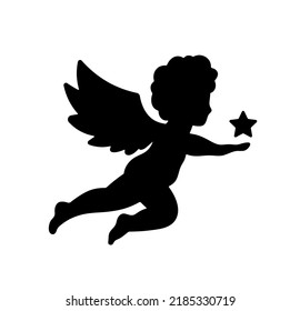 Vector isolated flying angel with star in hands side view colorless black outline silhouette shadow