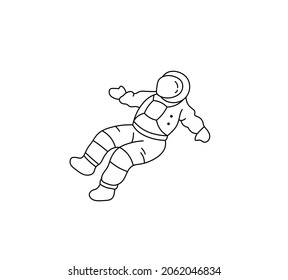 Vector Isolated Flying Cosmonaut In Zero Gravity Contour Line Drawing. Colorless Black And White Flying Astronaut Line Silhouette