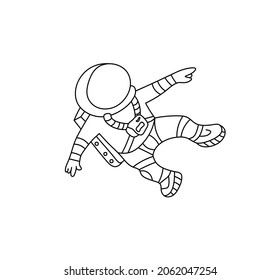 Vector isolated flying cosmonaut in zero gravity contour line drawing. Colorless black and white astronaut line silhouette