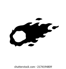 Vector isolated flying falling meteorite with a fiery trail colorless black and white outline silhouette stencil