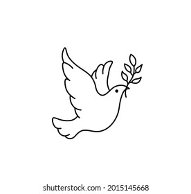 Vector isolated flying pigeon with branch contour line drawing. Cute cartoon flying bird with branch outline graphic sketch.