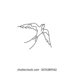 Vector isolated flying swallow simple line drawing. Colorless doodle swallow graphic icon, logotype, symbol