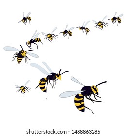 vector isolated of flying wasp, bees on a white background