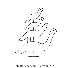 Vector isolated four dinos family one big dinosaur and three little dinosaurs one standing top another colorless black   white contour line easy drawing