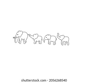 Vector isolated four elephants family contour line drawing. Colorless black and white mother father elephant and baby elephants graphic sketch. 