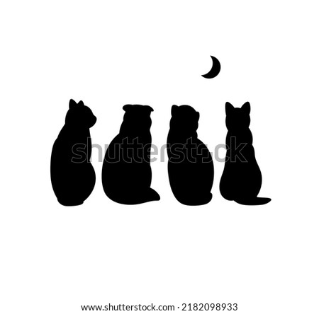 Vector isolated four sitting cats looking at the crescent moon view from back colorless black outline silhouette stencil