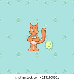 Vector isolated fox holding a blue and yellow colored thermos with the same colored backpack for travelling besides, located on blue background decorated by painted in blue and yellow flower pattern.