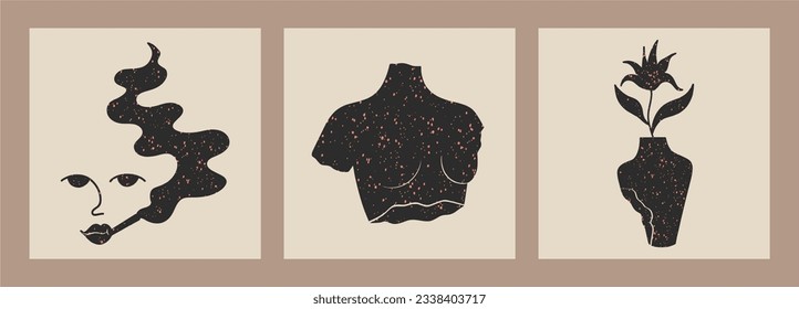 Vektor isolierte Fragment einer alten weiblichen Statue, eine Vase mit einer Blume, ein Mädchen mit einer Zigarette. Modernes lineares Design mit antikem Thema.