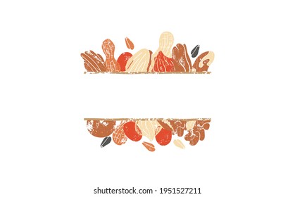 Vector isolated Frame with Place for Text and Various Nuts and Grains around it. Can be yused for advertising and promotion, as element for design in social media, interior decorating, shop decoration