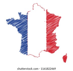 Vector of isolated France map with the flag. Engraving style hatching pen pencil painting illustration concept.