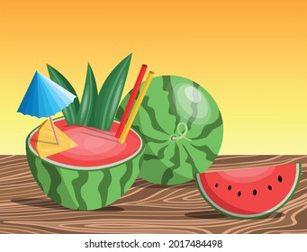 Vector Aislado Jugo de sandía natural y fresca con dos paja Decoradas con hojas verdes, paraguas y piña de jugo fresco en vacaciones o en tiempo de spa. Melón de agua aislada, entera y en rodajas.