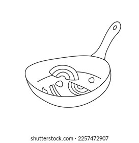 Vector isolated frying pan with fried onion vegetables colorless black and white contour line easy drawing