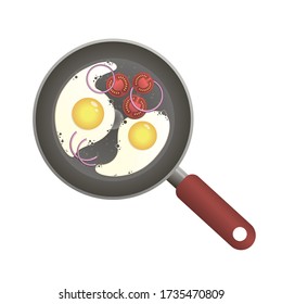 Vector isolated frying pan with fryed eggs, tomatoes and onion. Top view.