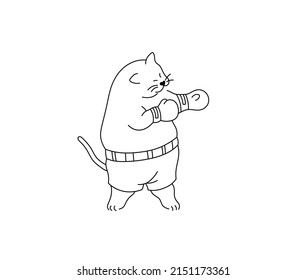 Vector isolated funny cartoon fat cat in boxing gloves colorless black and white contour line doodle drawing