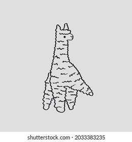 Vector isolated funny cute cartoon lama alpaca contour line drawing. Colorless black and white lapa alpaca doodle outline sketch.