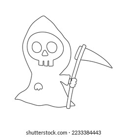 Vector isolated funny death skull in hoodie and scythe colorless black   white contour line easy drawing