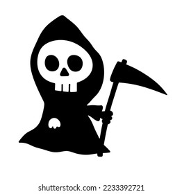 Vector isolated funny death skull in hoodie and scythe colorless black   white outline silhouette shadow shape