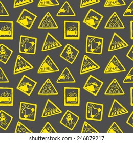 vector isolated funny doodle road signs for bicycle pattern. Seamless background