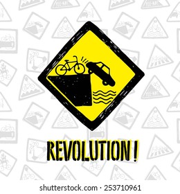 vector isolated funny doodle road sign with bicycle and car on seamless road signs background