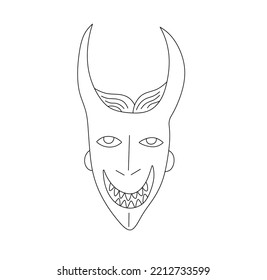 Vector isolated funny doodle smiling devil head mask with long horns colorless black and white contour line easy drawing