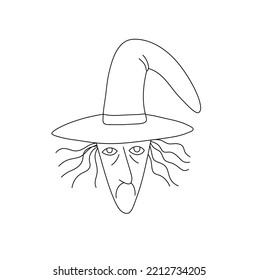 Vector isolated funny sad witch in hat portrait head colorless black   white contour line easy drawing