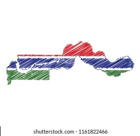 Vector of isolated Gambia map with the flag. Engraving style hatching pen pencil painting illustration concept.