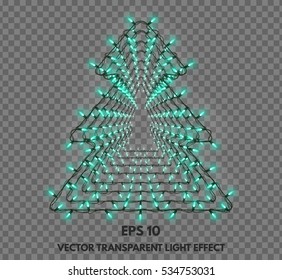 Vector isolated garland decorations in the shape of Christmas trees on a transparent background. Festive lights glowing element for your projects.